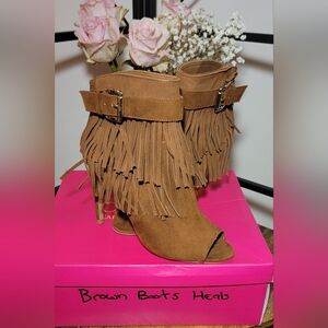 Express Tan Fringed Peep-Toe Heeled Boots